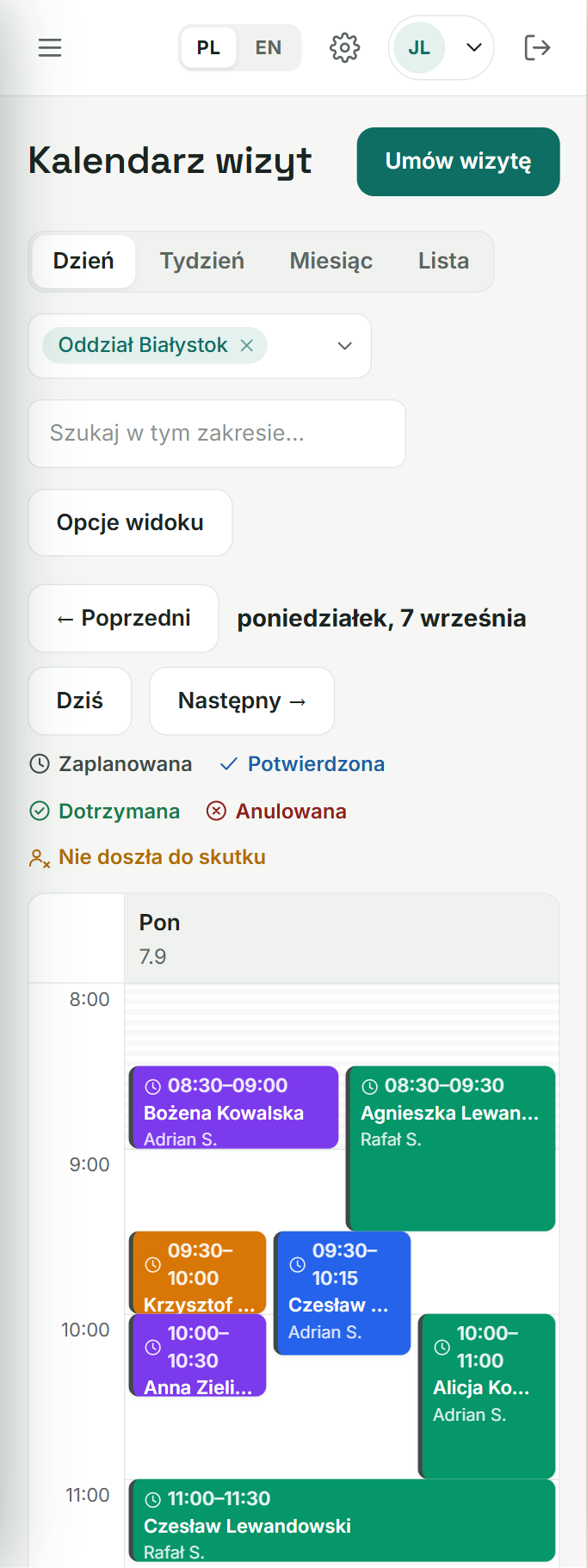 Ekran aplikacji mobilnej z listą wizyt na wybrany dzień i filtrami placówek.