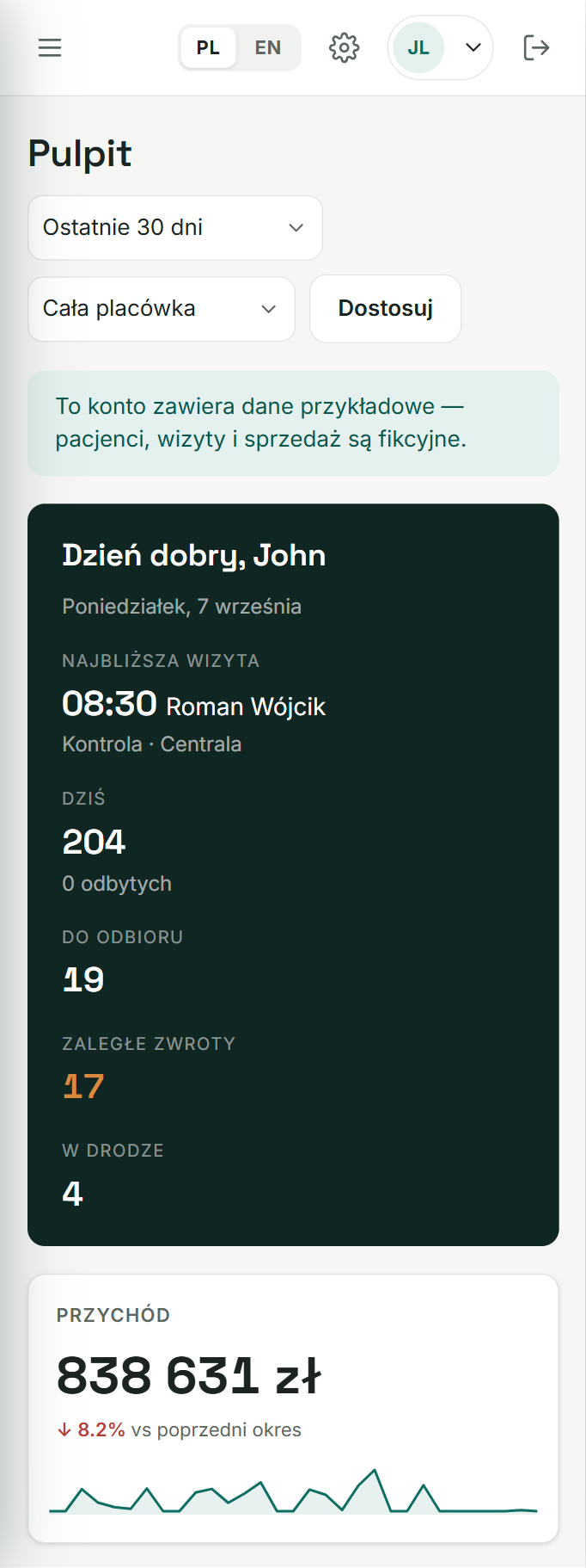 Ekran aplikacji mobilnej z kafelkami KPI i wykresem porównawczym w konwencji audiogramu.